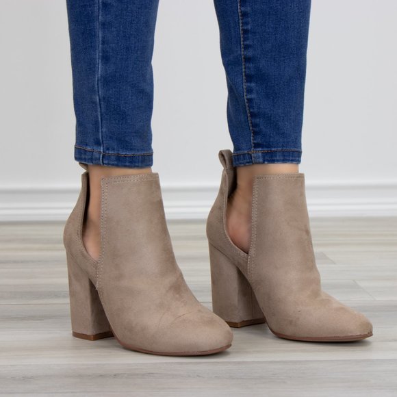 Vegan Suede Tan Cute Ankle Boots W/ Open Sides - Picture 4 of 10